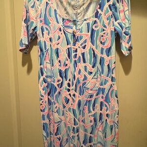 Lilly Pulitzer Printed Knit Dress - Size Small - Blue Pink Tropical Print